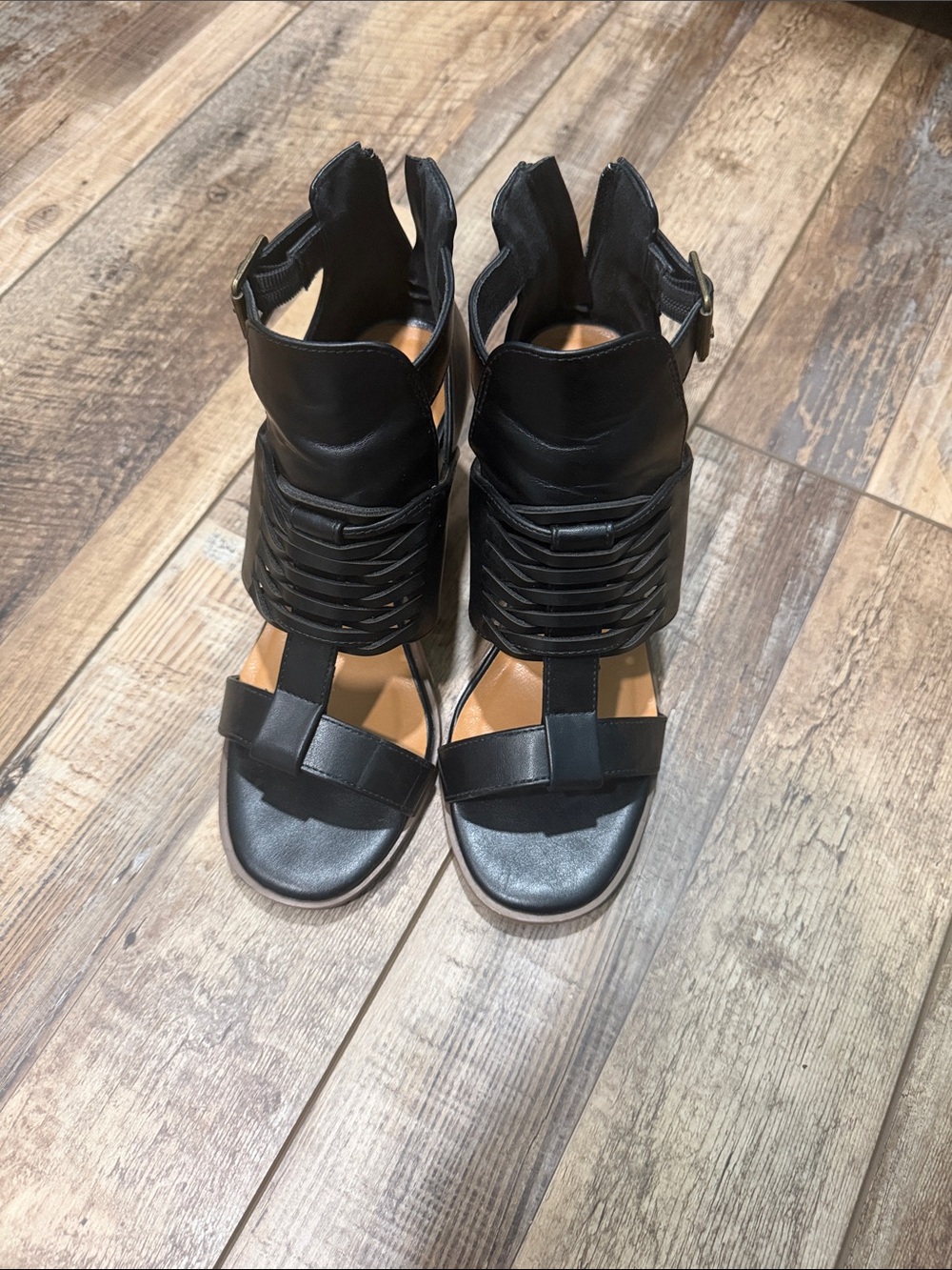 Womens Black Strappy Leather Cutout Sandal Boots